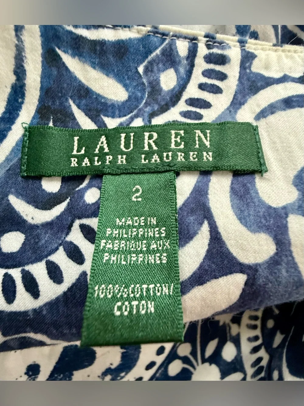 Lauren Ralph Lauren Womens White Blue Damask Cotton Pleated Skirt Pockets Size 2
